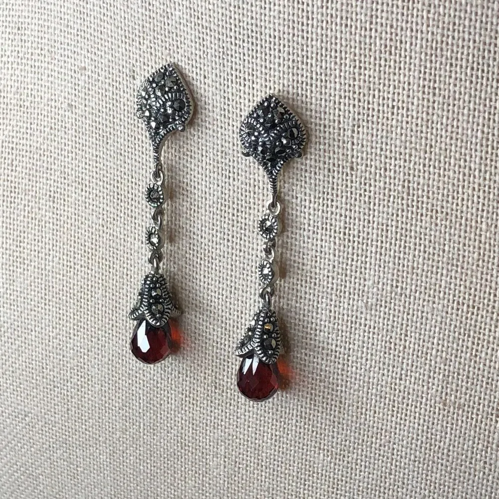 Vintage Red Garnet and Marcasite Long Drop Dangle Sterling Silver Earrings - Picture 12 of 14